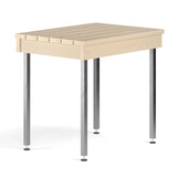 Holztisch mit Beinen aus Edelstahl